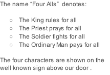 The name “Four Alls”  denotes:   The King rules for all  The Priest prays for all  The Soldier fights for all  The Ordinary Man pays for all  The four characters are shown on the well known sign above our door .